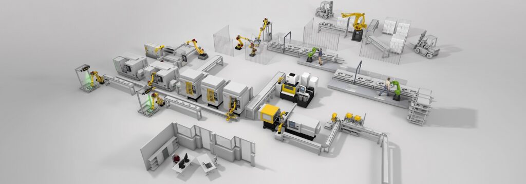 Een schematische weergave van een gerobotiseerde fabriekslijn