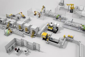Een schematische weergave van een gerobotiseerde fabriekslijn